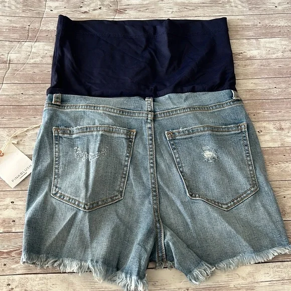 Pinkblush Medium Wash Distressed Raw Hem Full Panel Maternity Shorts - Picture 7 of 9